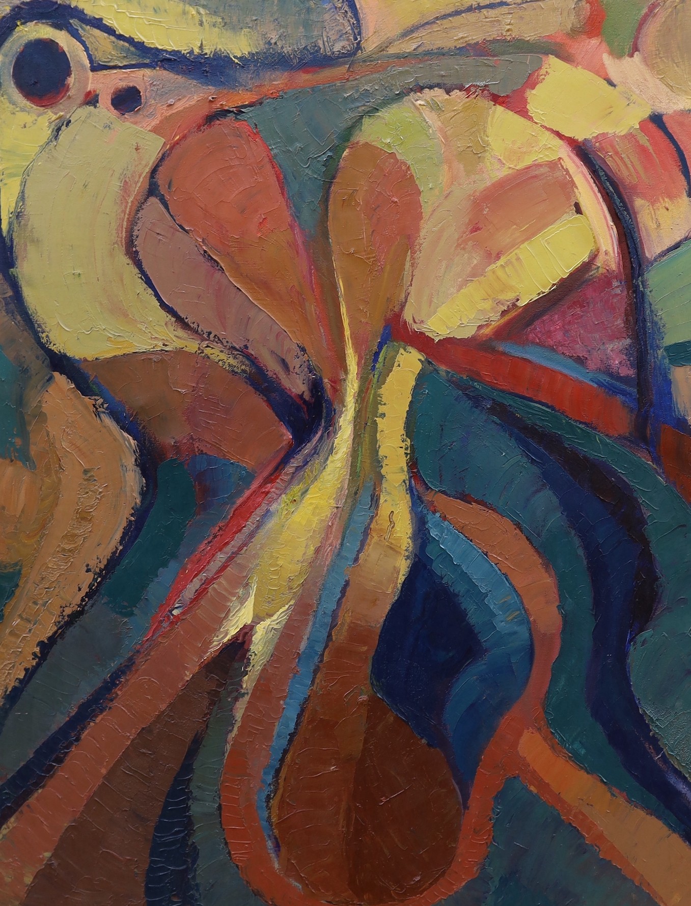 Tom Young, three oils on canvas, Abstracts, and a street scene, signed or inscribed, largest 120 x 100cm, three unframed